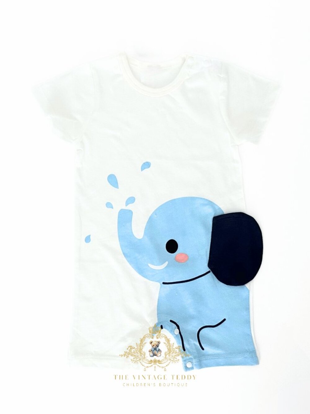 NWT Adorable Kids One-piece Sleep N' Play Romper Elephant Blue & White 9-12M